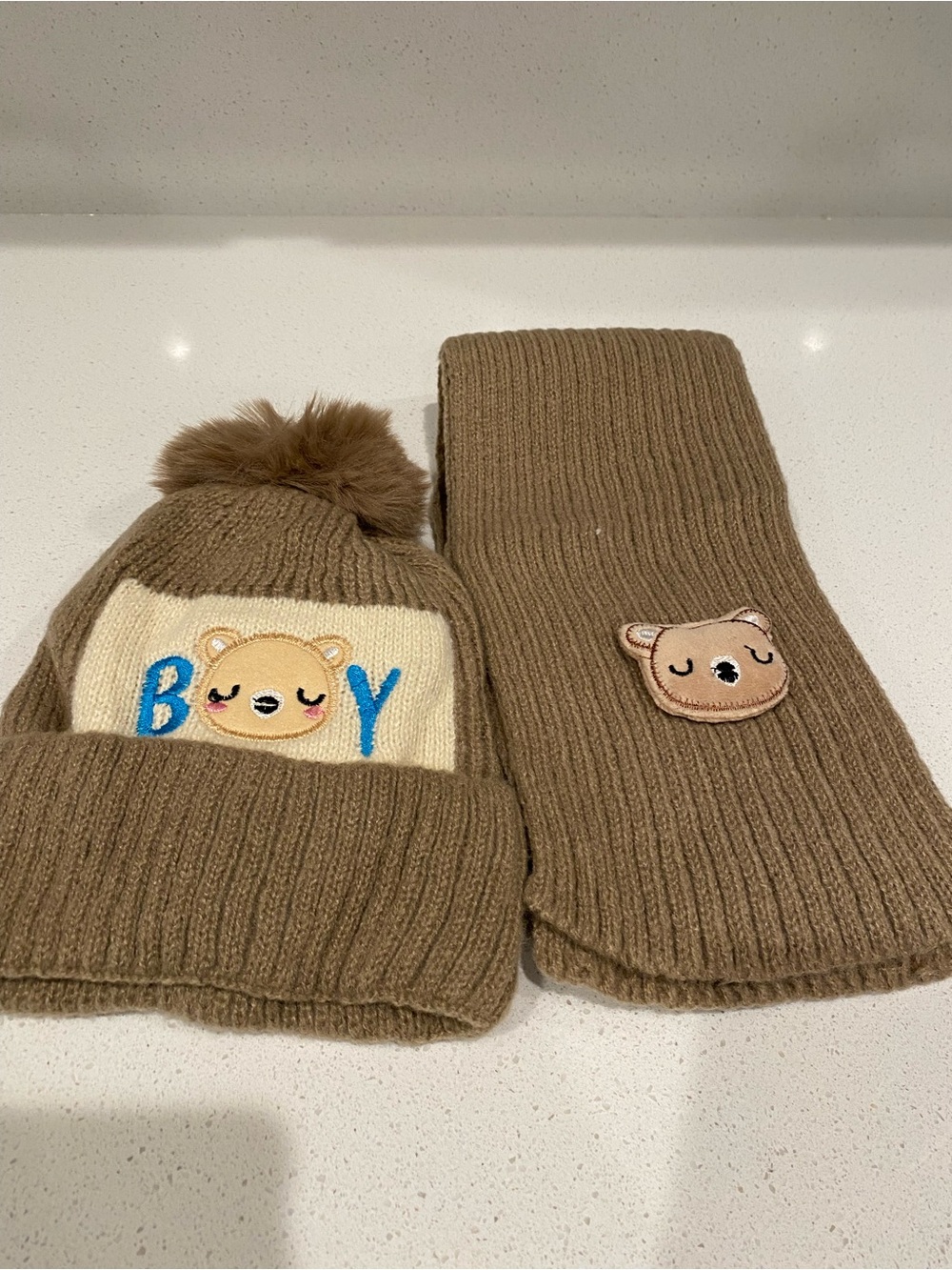 Brown Bear Knit Beanie and Scarf Set for Kids
